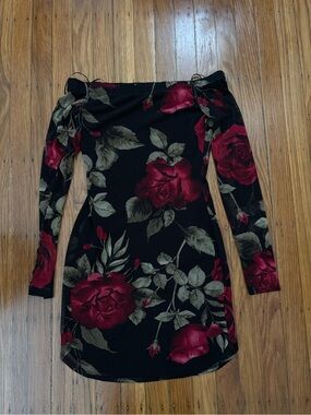 Lovely Day Black Off-Shoulder Dress with Red Rose Print